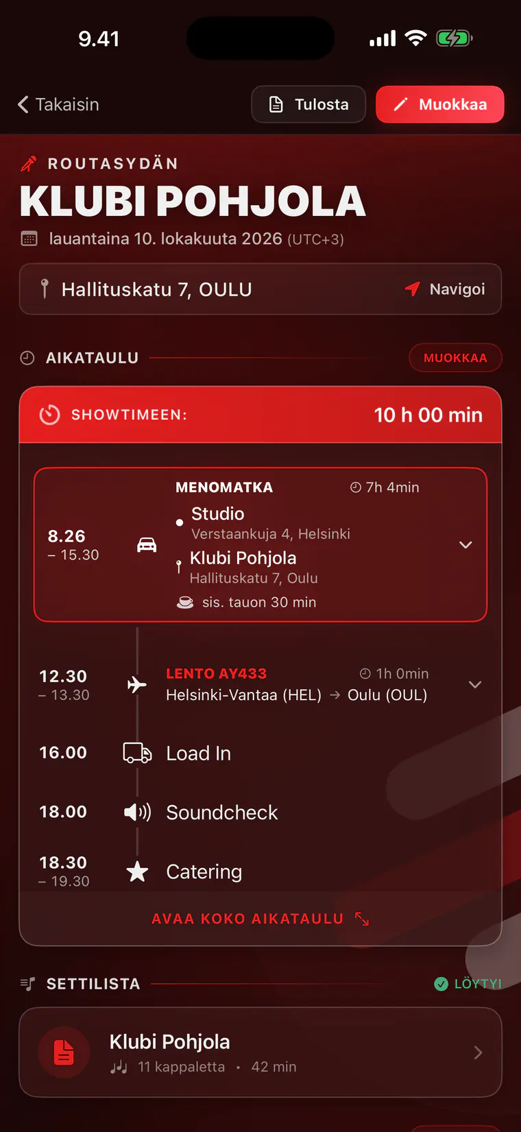 Keikan aikataulu matkoineen